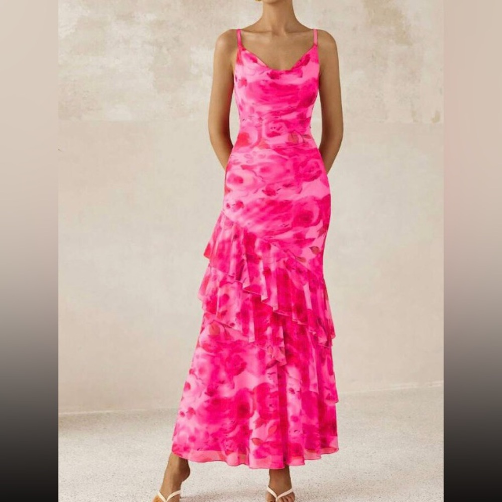 Sleeveless Pink Floral Ruffled Maxi Dress
